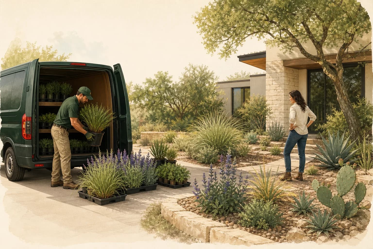 Outdoor professional delivering native plants to an Austin home