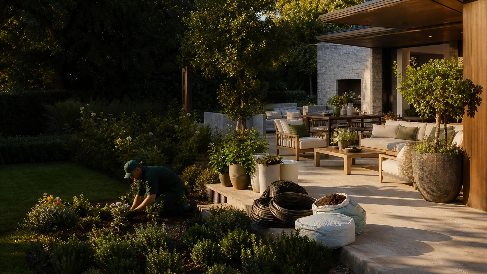 A landscaped outdoor living space with plants, furniture and a professional completing installation