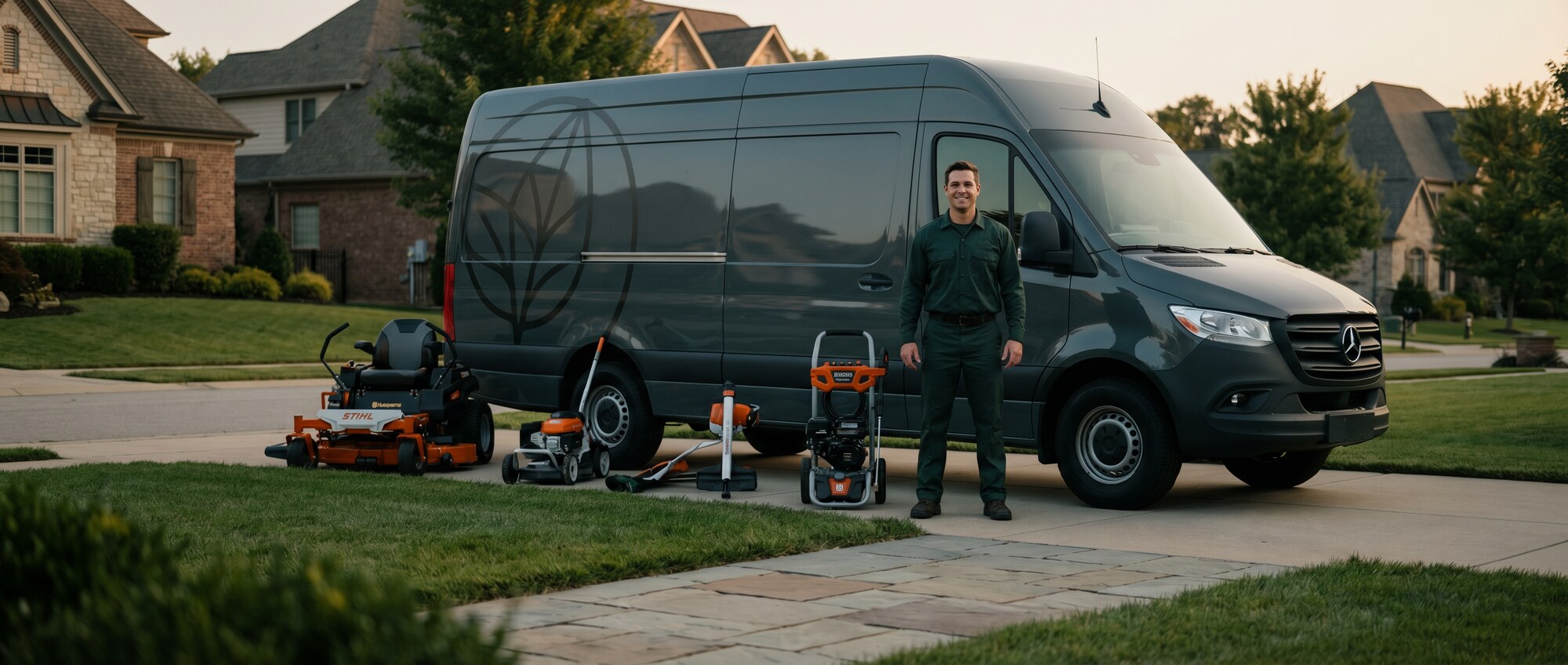 Outdoor service professional preparing equipment beside a work van
